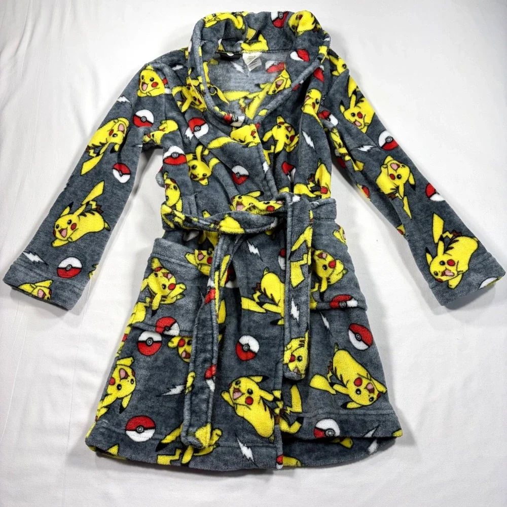 Pokemon Pikachu Boys Gray Fleece Plush Bathrobe Size 8 Fantasy Cozy Nintendo
